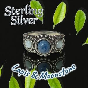 Vintage Sterling Silver Lapis Lazuli & Moonstone Three-Stone Ring – Size 7